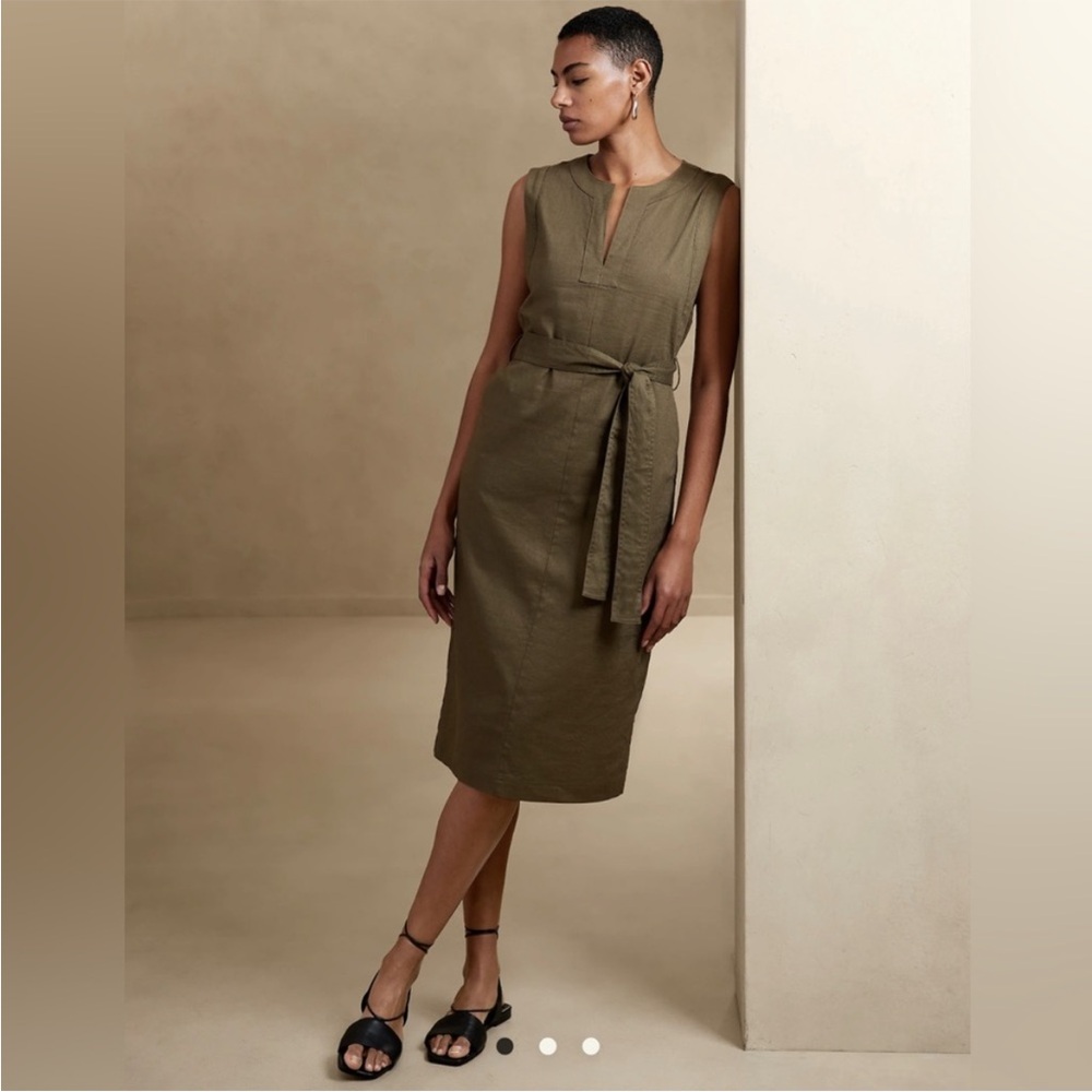 Banana Republic olive green linen midi tie dress NWT